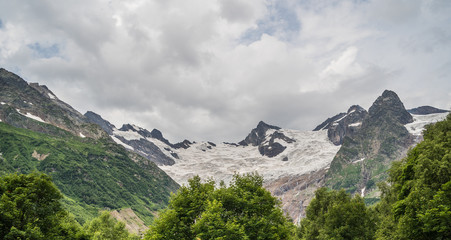 Beautiful landscape of glacier in summer season. Glacier mountain with green vegetation on high ground in cloudy weather.