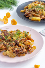Fried forest chanterelle mushrooms with potatoes (Cantharellus cibarius). Vegetarian dish. Vertical