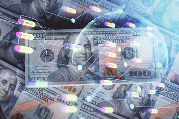 Double exposure of world map drawing over us dollars bill background. International concept.