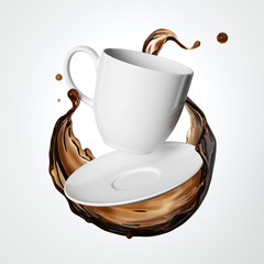 3d render, cup of coffee or tea, white porcelain tableware and brown liquid splash levitating,...