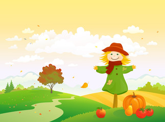Autumn harvest scene with a cute scarecrow, Thanksgiving landscape
