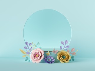 .3d render, abstract holiday botanical pastel blue background. Blank floral poster mockup. Round...