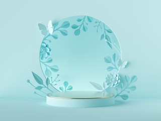 3d render, abstract blue botanical background. Blank poster mockup. Round frame with craft paper...