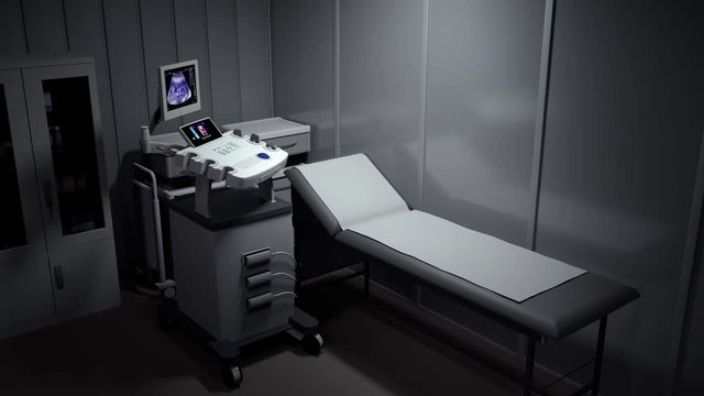 Empty beds in hospital at night, abandoned dark room with USG machine.