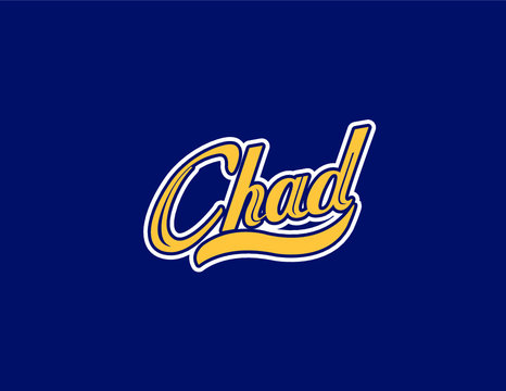 Chad name art designed in a maze yellow athletic script with navy blue background. Great for personalization.