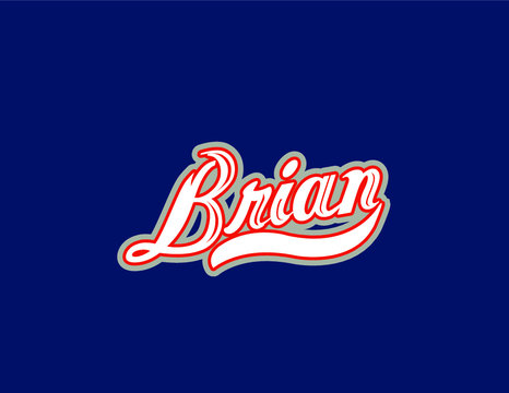 Brian name art designed in a white and red athletic script with navy blue background. Great for personalization.