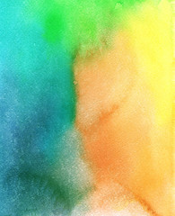 Watercolor abstract background, hand-painted texture, watercolor stains. Green, orange, blue.  Design for backgrounds, wallpapers, covers and packaging.