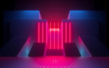 3d render, abstract neon background, glowing dramatic red light, vertical lines, cage, grid. Modern minimal urban design, staircase, steps, blue walls. Futuristic concept. Empty scene with copy space