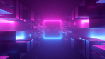 Obraz premium 3d render, abstract geometric background, futuristic concept, pink blue neon light, ultraviolet, glowing square shape, copy space, cosmos.