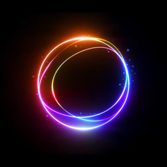 3d render, multicolor neon light, sparkles, blank round frame, copy space for text, ultraviolet spectrum, ring symbol, halo, cosmic object, design element isolated on blank background