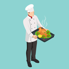 A restaurant chef cooks a Christmas turkey. Thanksgiving dinner isometric illustrations. Christmas dinner.