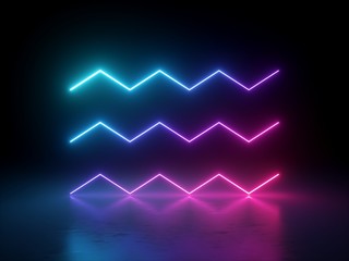 3d render, glowing horizontal neon zigzag lines, isolated on black, geometric background. Ultraviolet spectrum. Modern minimal concept