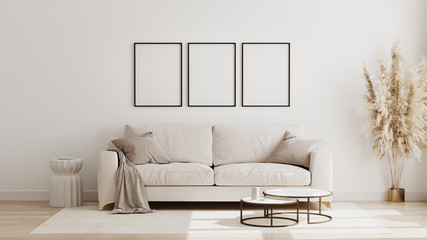 Blank poster frame mock up in  scandinavian style living room interior, modern living room interior background, beige sofa and pampas grass, 3d rendering