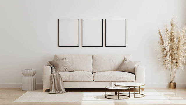 Fototapeta Blank poster frame mock up in  scandinavian style living room interior, modern living room interior background, beige sofa and pampas grass, 3d rendering