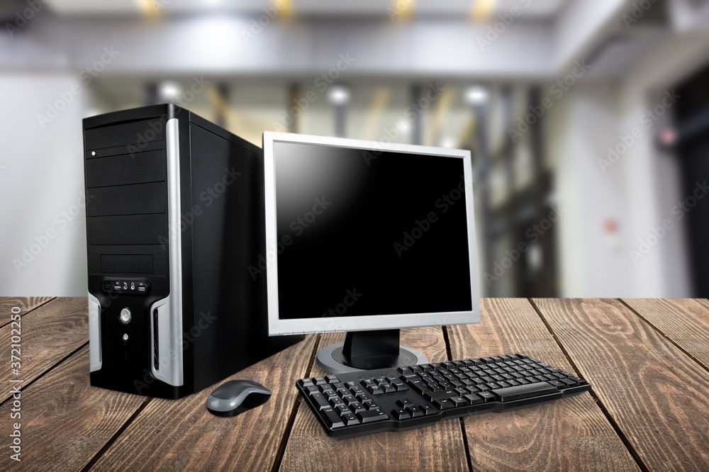 Poster classic desktop computer with a monitor on the desk