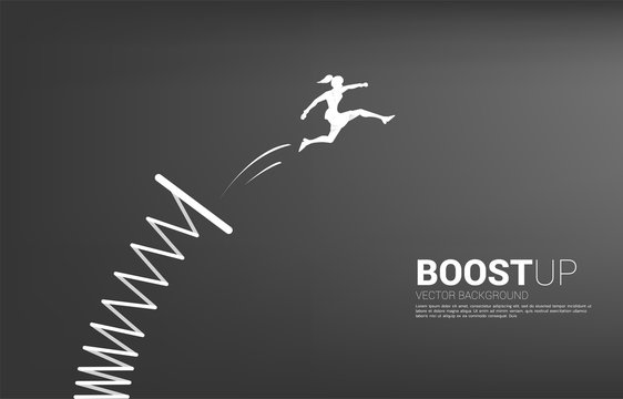 Silhouette of businesswoman jump higher with springboard. Concept of boost and growth in business.