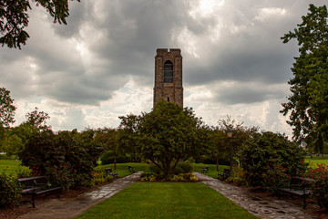 Fototapeta na wymiar Close up image of the Joseph D. Baker Tower and Carillon that is erected in Baker Park, Frederick in memory of this philanthropist. It is a 70 foot granite tower that houses 49 carillon bells.