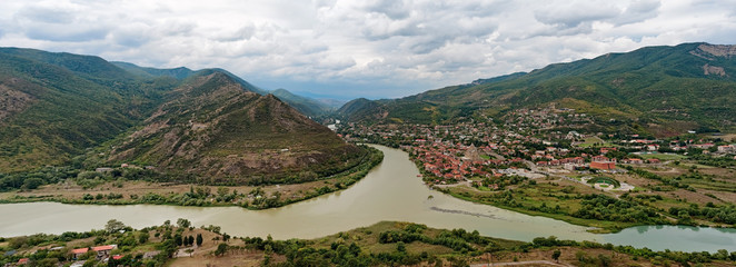 Panorama of confluence of the two rivers, Mtkvari and Aragvi and historical center of Mtskheta town...