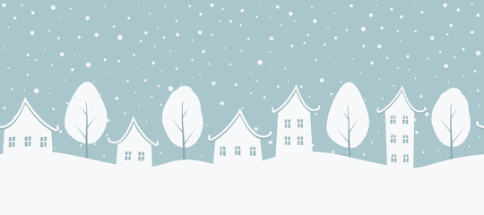 Obraz na płótnie Canvas Christmas background. Winter landscape. Seamless border. There are white houses and trees on a gray blue background. Winter village. Vector illustration