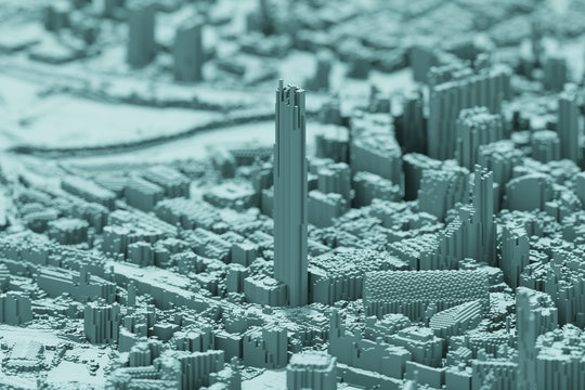 3d illustration of Manchester skyline in voxel style