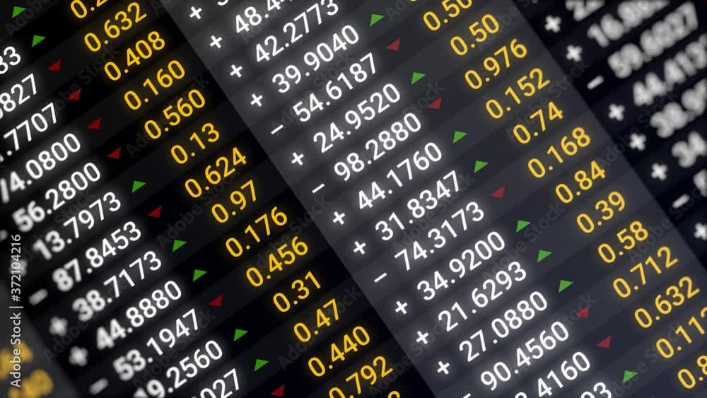 Poster abstract financial data, changing symbols on computer black screen background. animation. close up o