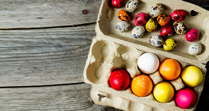 Dyed easter eggs in cardboard box , Banner