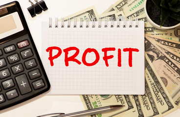 Word Profit lettering on card with one hundred dollar bill and hundred Euro bill on white...
