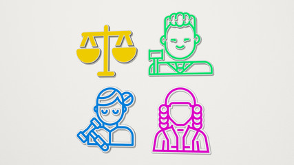 judge colorful set of icons, 3D illustration for court and law