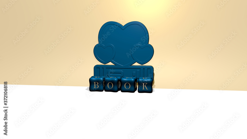 Poster 3d graphical image of book vertically along with text built by metallic cubic letters from the top p