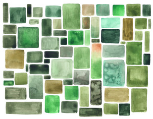 Green watercolor brush strokes vintage background. Watercolour uneven square and rectangle spots or stains texture.