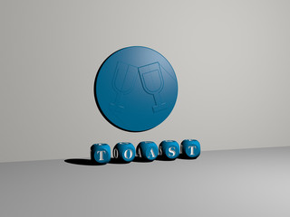 toast 3D icon on the wall and text of cubic alphabets on the floor, 3D illustration for bread and breakfast