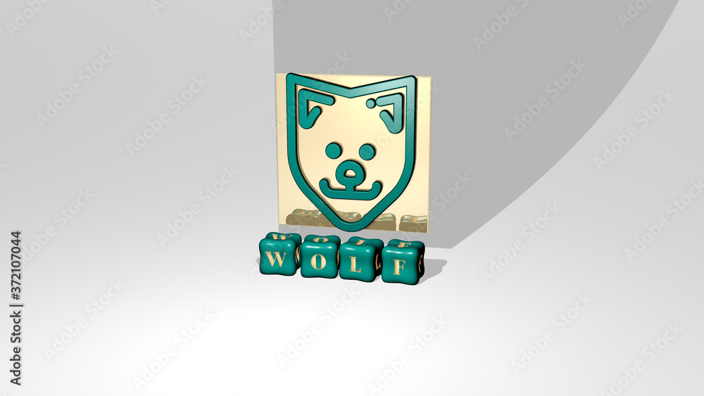 Poster 3d illustration of wolf graphics and text made by metallic dice letters for the related meanings of 