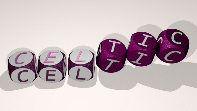 CELTIC text by dancing dice letters, 3D illustration for background and design