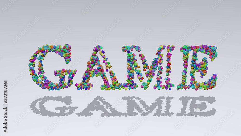 Poster game written in 3d illustration by colorful small objects casting shadow on a white background for b