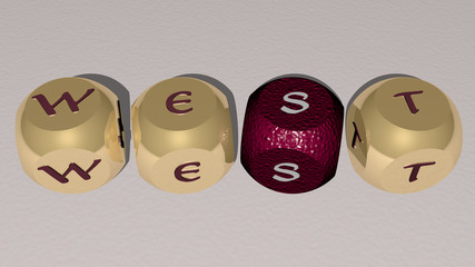 WEST text by cubic dice letters, 3D illustration for editorial and coast