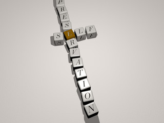 self preservation crossword by cubic dice letters, 3D illustration for concept and background