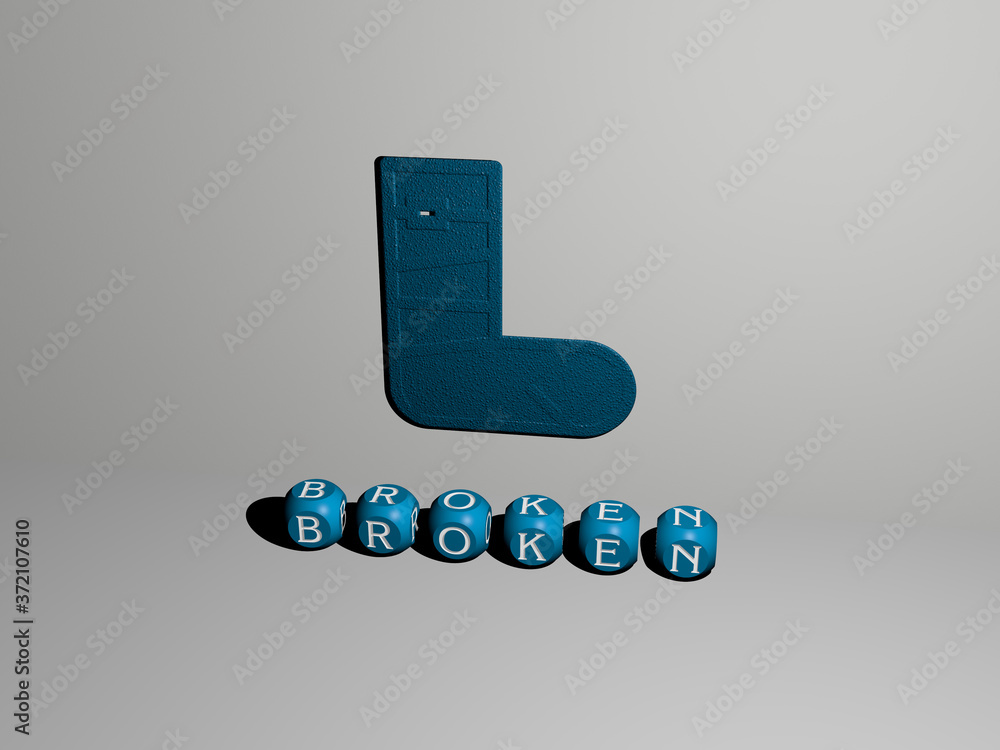 Poster 3d illustration of broken graphics and text made by metallic dice letters for the related meanings o