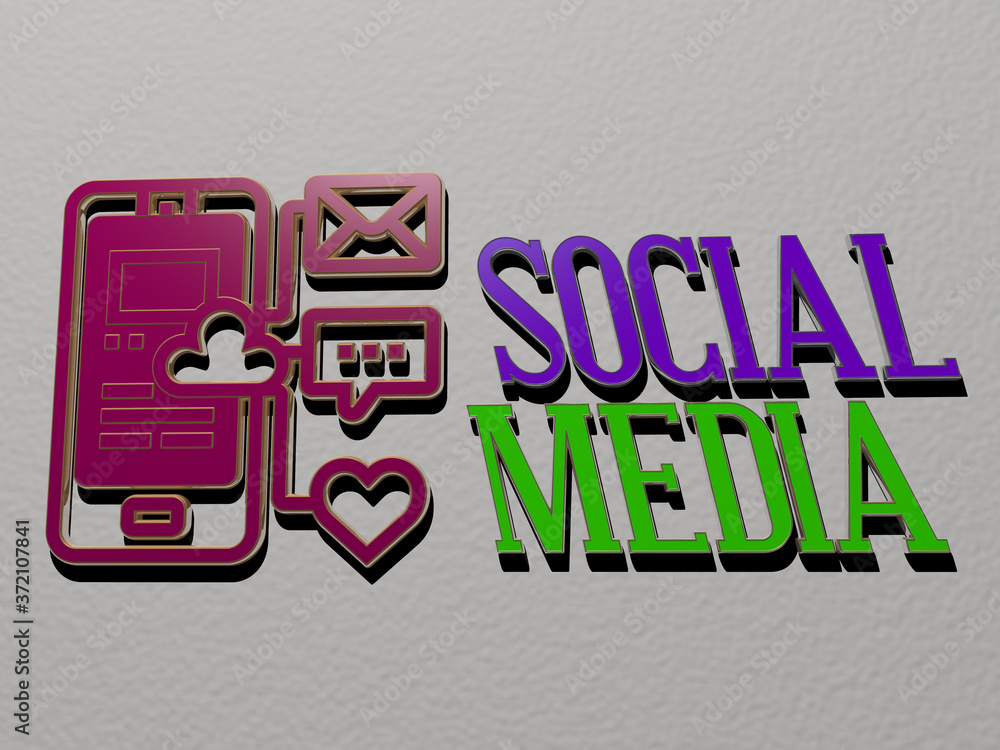 Poster 3d graphical image of social media vertically along with text built by metallic cubic letters from t