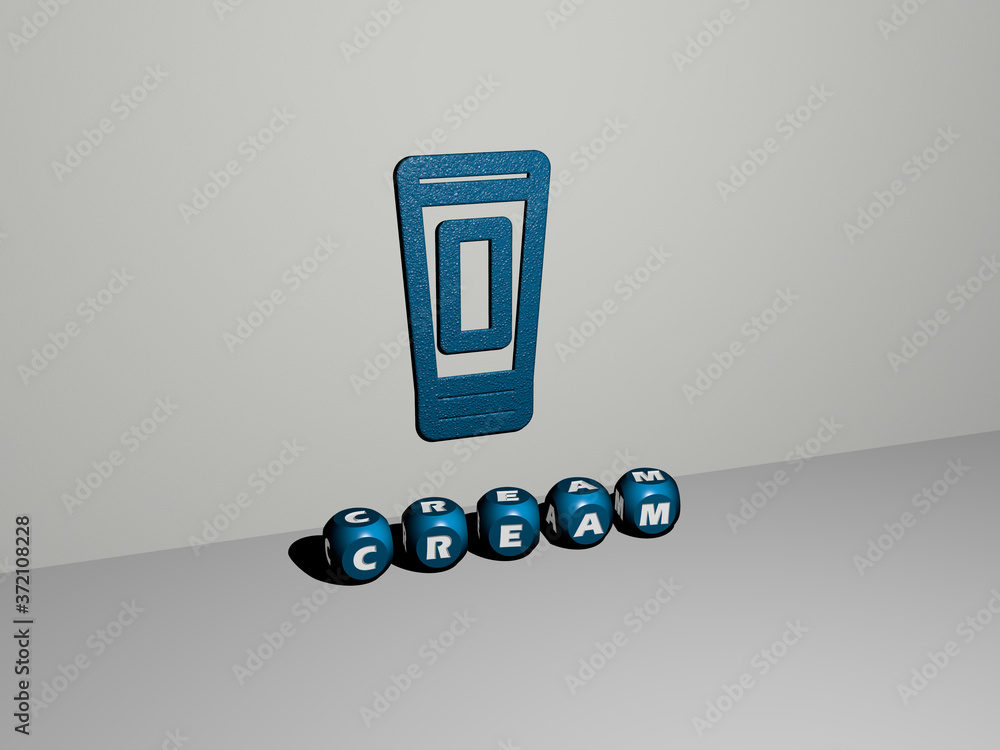 Poster 3d graphical image of cream vertically along with text built by metallic cubic letters from the top 