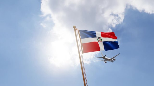 Flag of Dominican Republic Waving with Airplane arriving or departing, Realistic Animation