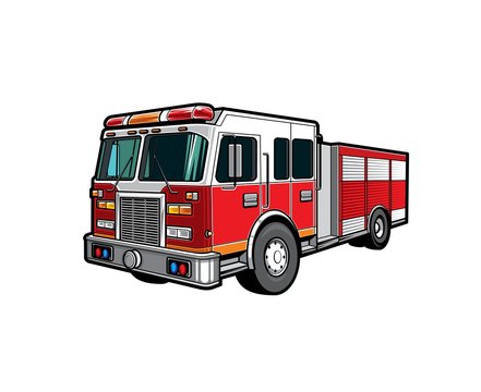 Fire engine truck or firetruck car vector icon, firefighter vehicle. Firefighting lorry, fireman emergency rescue, transport, side front view flat car with classic siren alarm and water tank hose