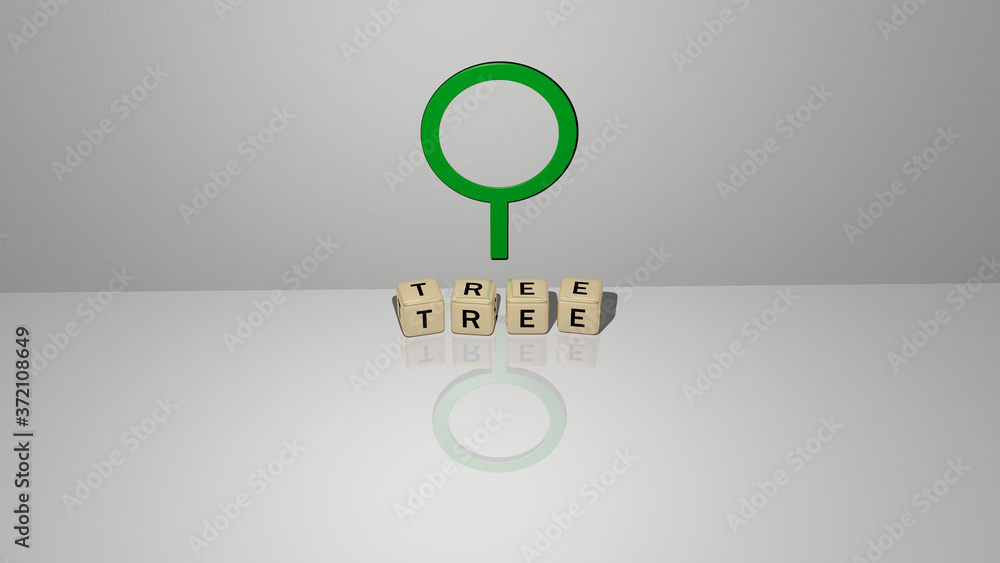 Aufkleber tree text of cubic dice letters on the floor and 3d icon on the wall, 3d illustration for background