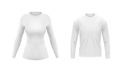 White shirts with long sleeves for men and women vector mockup. Blank appaprel design front view, realistic long sleeved tshirts, underwear, sport garment or casual teenager cotton clothes 3d template