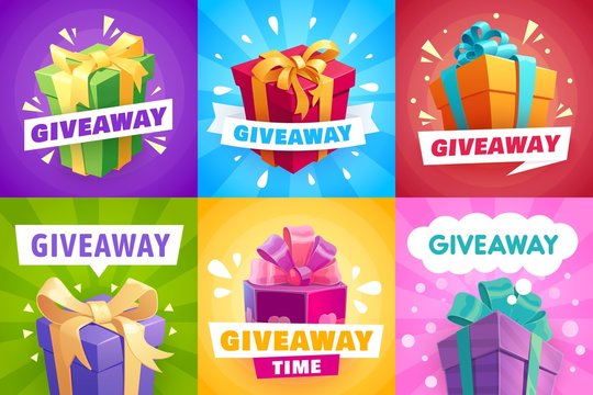 Giveaway gifts, give away competition banners and contest winner, vector posters. Giveaway free prize and gift boxes with ribbons, quiz and social give away promo award, gifts with golden ribbons