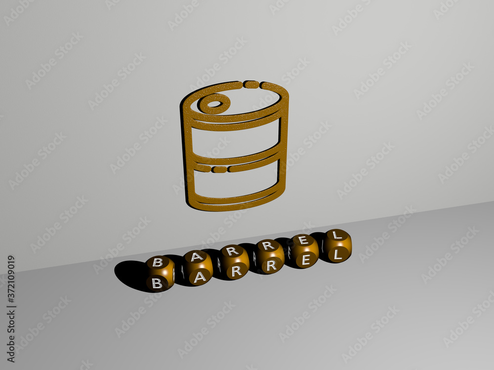 Poster 3d representation of barrel with icon on the wall and text arranged by metallic cubic letters on a m