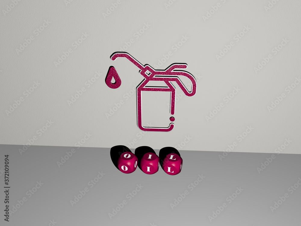 Poster 3d graphical image of oil vertically along with text built by metallic cubic letters from the top pe