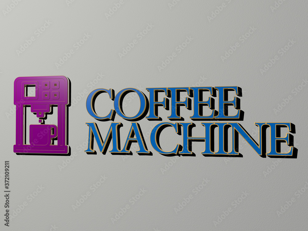 Aufkleber 3d illustration of coffee machine graphics and text made by metallic dice letters for the related me