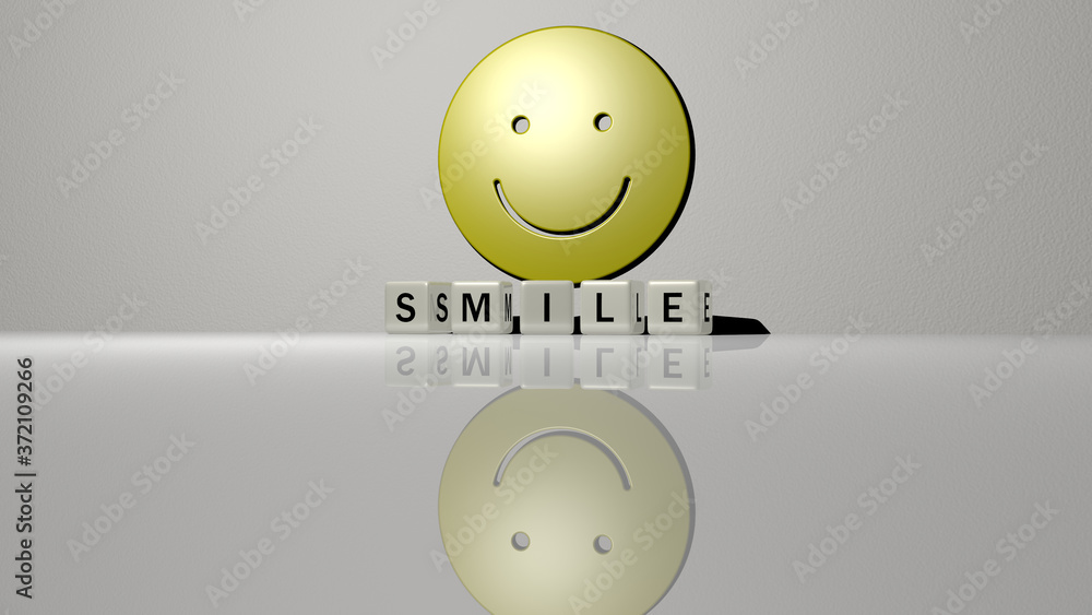 Poster smile text of cubic dice letters on the floor and 3d icon on the wall, 3d illustration for happy and