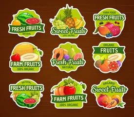 Fruits icons and stickers, tropical food farm market, vector label tags. Fruits and berries stickers pineapple, orange and apple, exotic mango, peach and lemon, apricot, grapes and pomegranate fruit