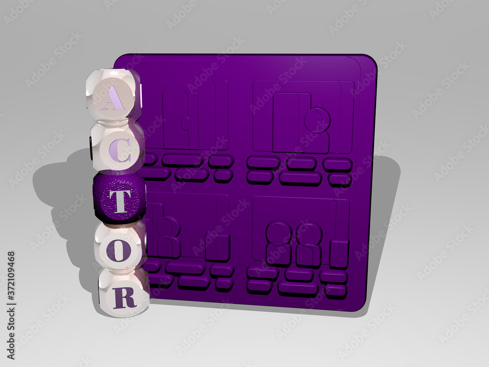 Poster 3d representation of actor with icon on the wall and text arranged by metallic cubic letters on a mi